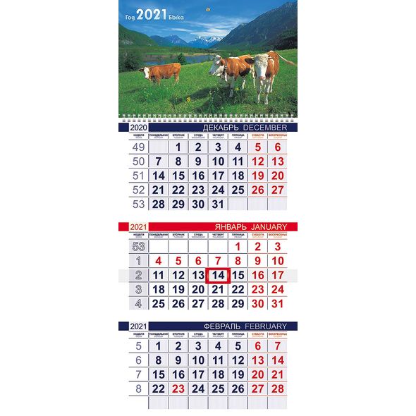 Календарь квартальный 3-х блоч. на 1 гребне ЭКОНОМ бум. мелован. 2-х цв. блок с бегунком на 2021г-Знак Года- , 